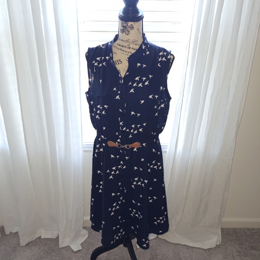 Always Indigo Women's 1X Navy Blue Bird Print Sleeveless Dress